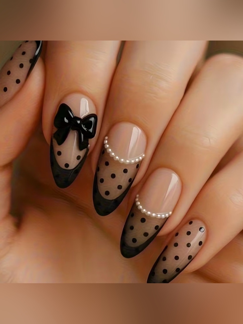 🖤 New! 24 Pcs 3D Pearls Bows & Lace Press on Nail Set Medium Almond Shaped